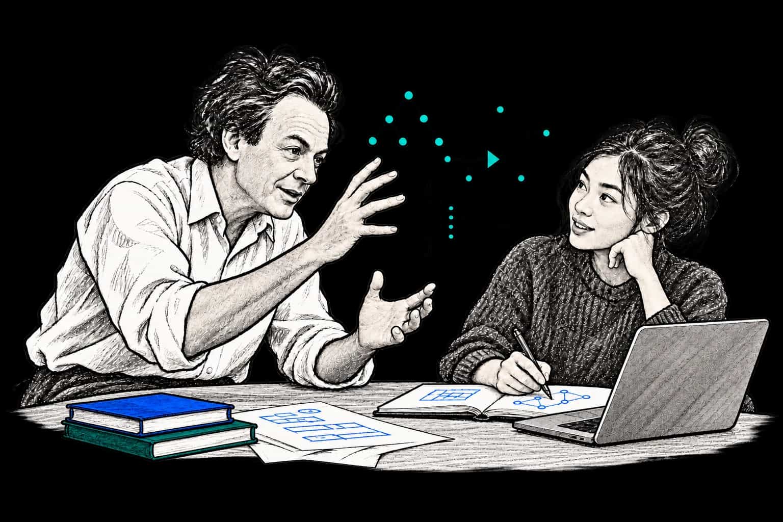 A mentor and an engineering student work through an idea together, with diagrams, notes, and a laptop on their study desk.